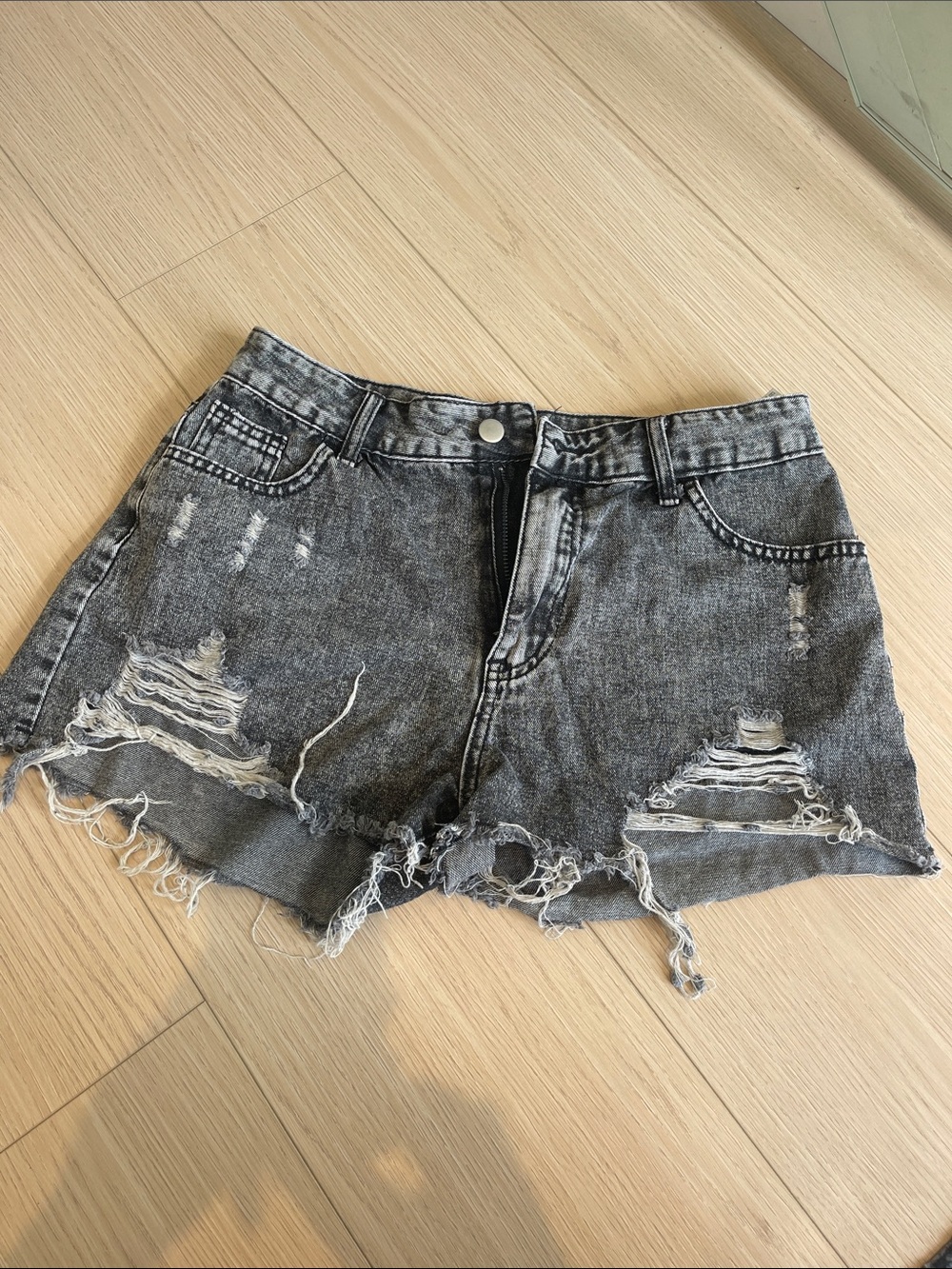 SHEIN Black Gray Acid-Wash Distressed Denim Shorts
